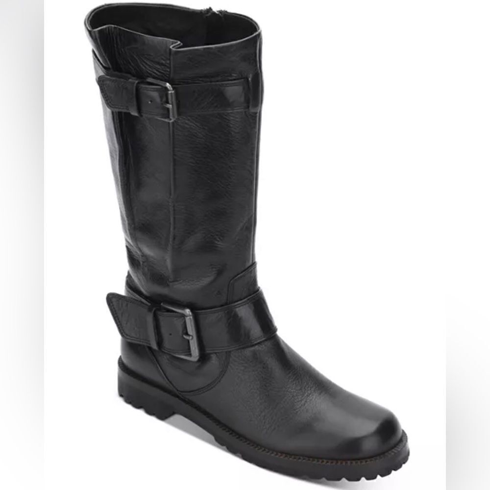 Gentle Souls BUCKLE UP Black Leather Buckle Side Zip Up Calf High Moto Boots